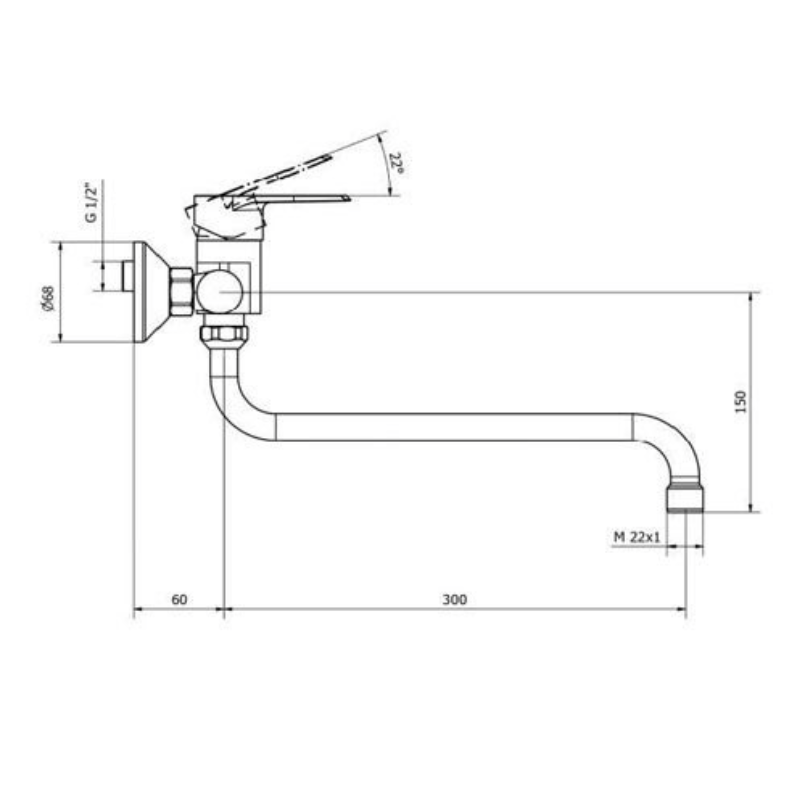 Baterie dřezová nástěnná, kulaté ústí 300 mm (rozteč 150 mm), chrom